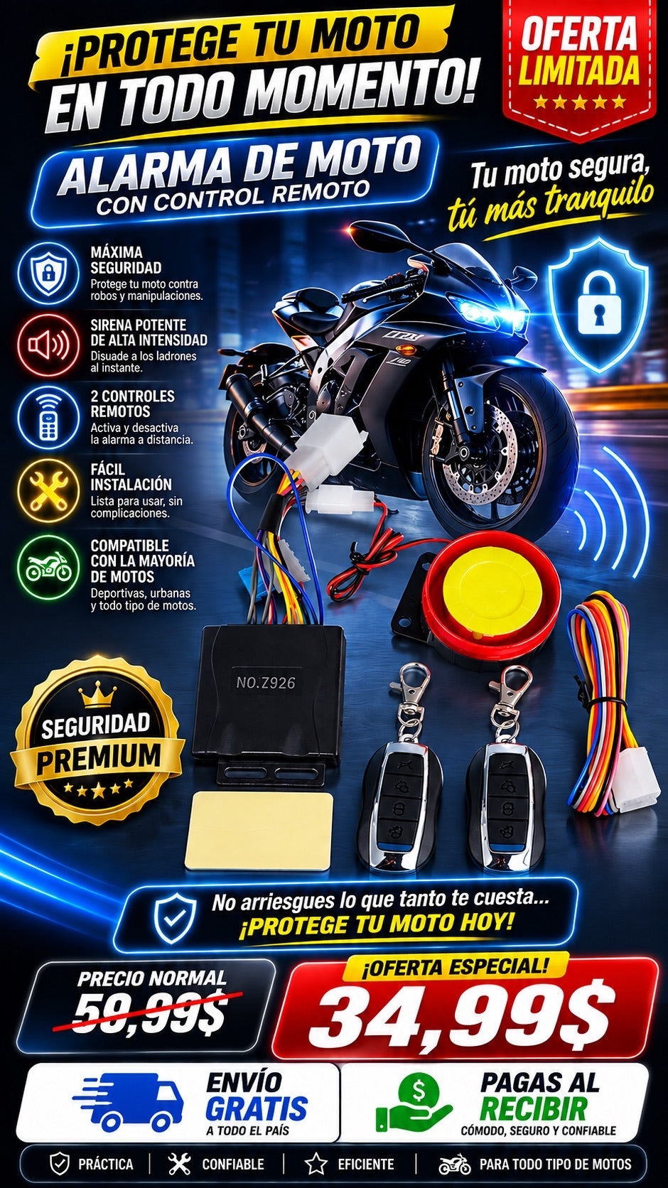 ALARMA PARA MOTO - CADA UNO DE LOS CUATRO BOTONES DEL MANDO A DISTANCIA TIENE UNA FUNCION CORRESPONDIENTE + ENVIO GRATIS + PAGAS AL RECIBIR